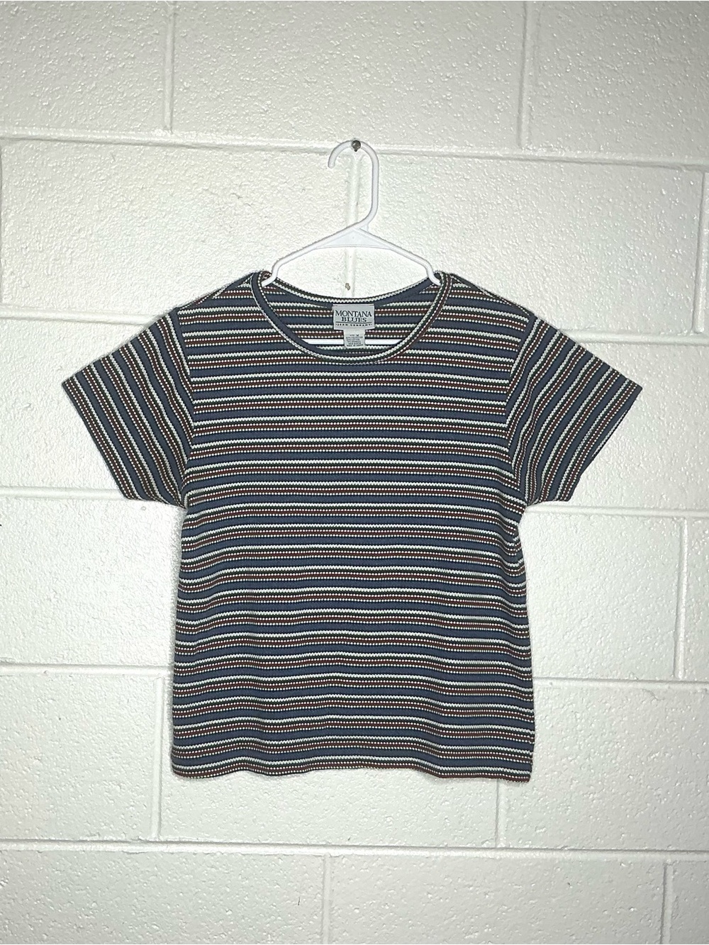 < Vintage 90’s Montana Blues Knit Striped Short Sleeve Top > - Picture 1 of 3